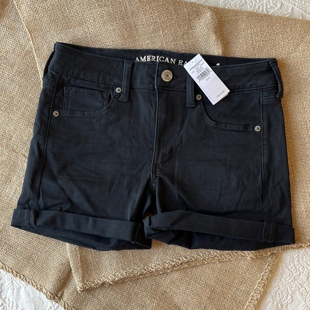 American Eagle Outfitters Black Denim Jean Stretch Shorts Size 6 New With Tags